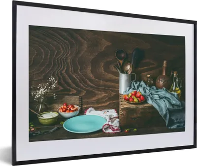 Produktbild von MuchoWow® Gerahmtes Poster Rustikal - Obst - Küchenutensilien - Erdbeere 60x40 cm - Poster mit Schwarzem Bilderrahmen Wandposter Rahmen Foto Bilder - Schlafzimmer - Plakat in Rahmen - Drucken