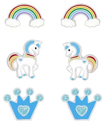 Produktbild von 3er Set Kinder Ohrringe Silber 925 Ohrstecker Einhorn / Regenbogen / Krone