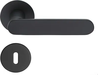 A black door handle set with a flat rosette and a keyhole escutcheon.