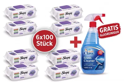 Produktbild von Sleepy Easy Clean Oberflächenreinigungstücher – 6x100 Montain + Glasreiniger GRATIS