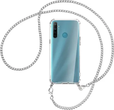 Produktbild von Handykette Backcover-Schutzhülle mit Band (Metall silberfarben) für Realme 5 / 5i - silberfarbene Kette