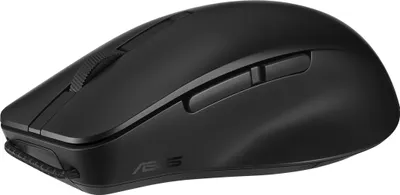 A black Asus computer mouse is shown from a side angle against a white background.