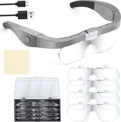 Zdjęcie produktu dla Okulary powiększające z paskiem na głowę, oświetlenie LED, powiększenie 15x, biżuteria, rękodzieło