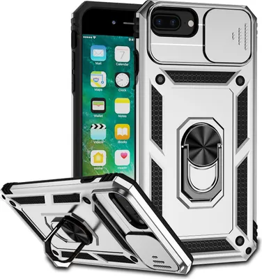 Image de Étui pour iPhone 8 Plus/7 Plus/6 Plus/6s Plus étui double couche avec couvercle coulissant pour appareil photo et anneau de support Argent