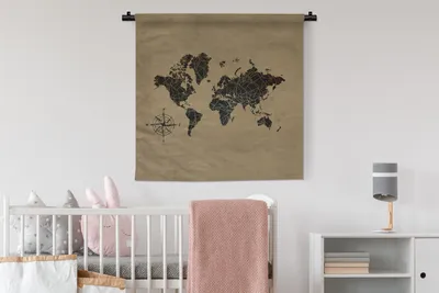 Produktbild von MuchoWow® Wandteppich Wandbehang Weltkarte - Gold - Kompass 90x90 cm Tapisserie Dekoration Wandtuch - Wandaufhänger