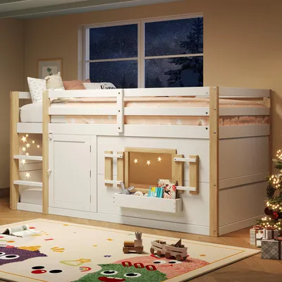 A child's bedroom at night, featuring a loft bed with a playhouse underneath, decorated for Christmas.