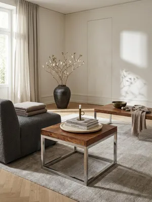 Produktbild von Beistelltisch GUNA Massiv-Holz Sheesham Wohnzimmer-Tisch Metallgestell Landhaus-Stil Couchtisch dunkelbraun natur