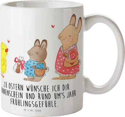 Produktbild von Mr. & Mrs. Panda Bedruckte Tasse Ostern Geschenke - Weiß - Geschenk, Osterhase, Frühstücksbecher, haferl, Hase, Frühling, Ostergeschenke, Kaffeetasse, Ostergrüße, Pott