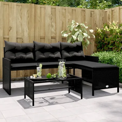 Produktbild von Gartensofa in L-Form mit Tisch und Kissen Schwarz Poly Rattan 365572