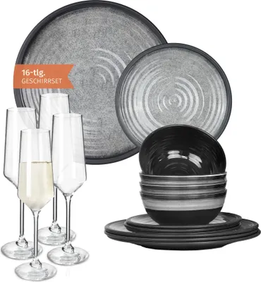 Produktbild von Melamin Camping Geschirr Set 4 Personen Stone Grey + 4 Milano Champgner Gläser Flûtes Tafelgeschirr Picknick BBQ Kochgeschirr