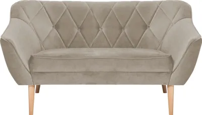 A beige fabric sofa with diamond tufting on the backrest and a simple seat cushion. It has four tapered wooden legs.