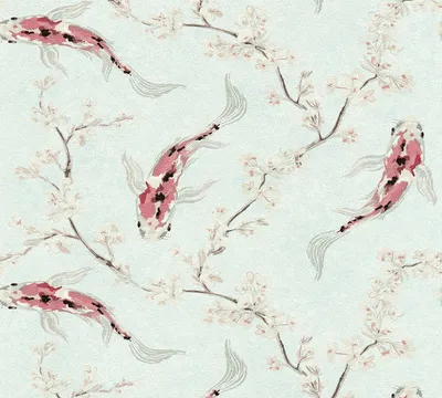 Produktbild von A.S. Création asiatische Tapete mit Kois Asian Fusion Vliestapete blau rot beige 10,05 m x 0,53 m