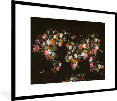 Produktbild von MuchoWow® Gerahmtes Poster Weltkarte - Blumen - Insekten 80x60 cm - Poster mit Schwarzem Bilderrahmen Wandposter Rahmen Foto Bilder - Schlafzimmer-Dekorationen - Fotoposter