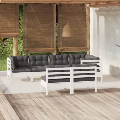 Produktbild von ZMH 7-tlg. Garten-Lounge-Set mit Kissen Weiß Kiefer Massivholz
