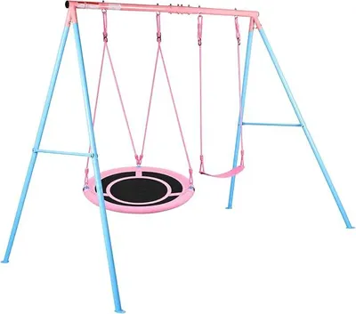 Imagen del producto de Columpio doble con asiento, estructura de metal para columpio tipo nido y columpio infantil, ideal para jardín, patio y uso en exteriores. (Azul claro/Rosa)