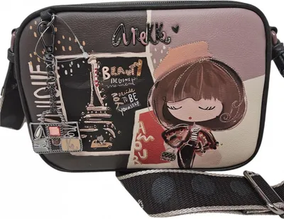 A close-up studio shot of a patterned crossbody bag with a strap.