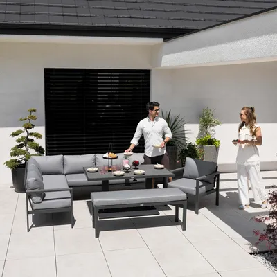 Produktbild von di volio Gartenmöbel Set Noli – grau, Outdoor Lounge aus Aluminium mit höhenverstellbarem Kunstholz–Tisch, wetterfest & bequem für 10 Personen