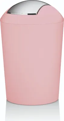 A pink trash can with a silver lid.