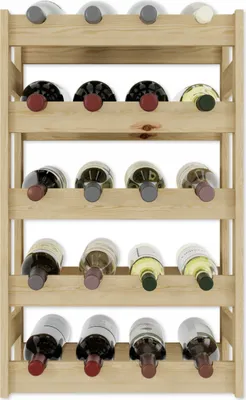 A wooden wine rack filled with wine bottles.