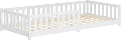 Zdjęcie produktu dla ML-Design łóżko dziecięce 90x200 cm białe Łóżko piętrowe dla dzieci ze stelażem listwowym i zabezpieczeniem przed wypadnięciem Łóżko młodzieżowe wykonane z litego drewna sosnowego Rama łóżka Łóżko dziecięce