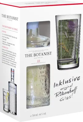 Produktbild von The Botanist Islay Dry Gin mit geprägtem Ritzenhoff Glas Geschenkpackung | 46 % vol | 0,7 l