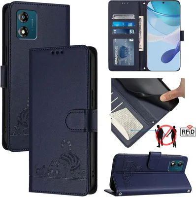 Produktbild von Leder Hülle für Motorola Moto E13 Süße Katze Flip Case Brieftasche Schutzhülle mit Standfunktion Blau