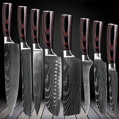 Produktbild von Profi Messer Set, Scharfe Kochmesser aus Edelstahl im Damast Stil Farbiger Holzgriff Extrem scharfe Klingen