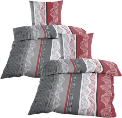 Produktbild von Seersucker Bettwäsche 4 tlg. 135 x 200 mit Reißverschluss Bettgarnitur Sommerbettwäsche Grau Rot mit Druckmuster