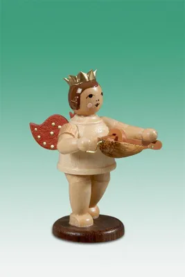 Produktbild von Holzfigur Musikengel mit Drehleier und Krone Höhe 6,5cm NEU