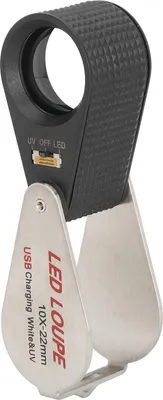 Zdjęcie produktu dla lupa jubilerska 10X Składane kieszonkowe szkło powiększające do biżuterii z 6 diodami LED i 7 lampami UV