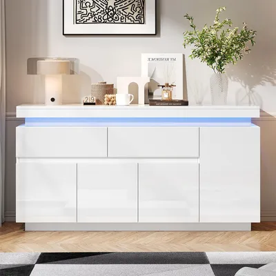 Produktbild von Sideboard mit 2 Schubladen und LED Aufbewahrungsschrank Wohnzimmerschrank 140 x 35 x 72,5 cm Weiß