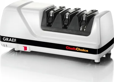 A white electric knife sharpener with black sharpening slots and branding.