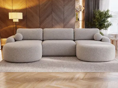 Produktbild von GrainGold Ecksofa U-Form Aurio - Ecksofa mit Schlaffunktion, Bettkasten - Moderne Ecksofa, Wohnzimmer Sofa - Eckcouch mit Bouclé-Stoff - Grau