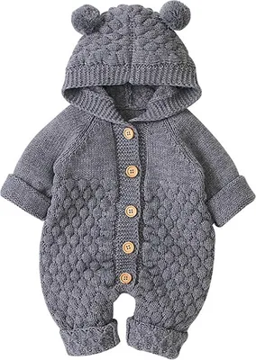 Produktbild von Neugeborene Baby-Ohrenschützer gestrickter Kapuzenoverall für Jungen und Mädchen im Winter warme und kalte Kleidung, grau, 73 cm
