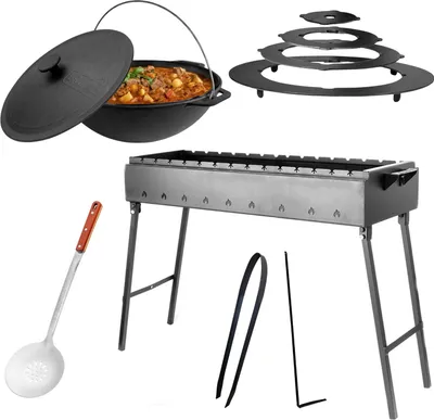 Produktbild von Klappbarer Grill für 14 Spieße mit 6L Kazan mit Deckel und Adapter Ringe aus Gussesen, Schaumkelle Mangal Holzkohlegrill