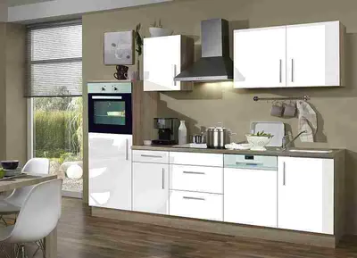 Produktbild von idealShopping Premium Küchenblock weiß glänzend, 280 cm, inkl. Backofen & Geschirrspüler, Kunststoff Sonoma Eiche, Türanschlag wechselbar
