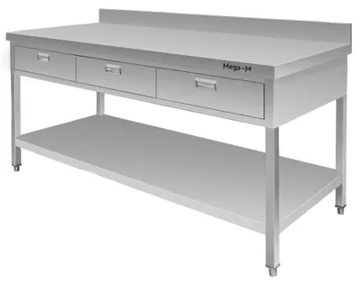 Zdjęcie produktu dla Kuchenny stół roboczy ze stali nierdzewnej przyścienny gastro do krojenia z 3 szufladami i półką Mega-M 180x70x85cm