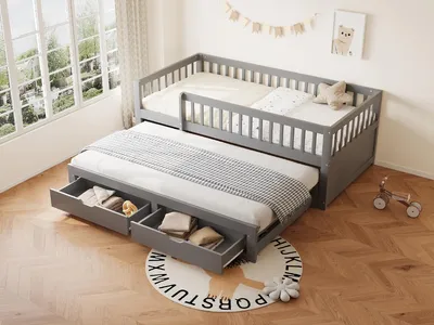 Produktbild von Merax Schlafsofa 90x200 cm mit Ausziehbett, Tagesbett mit 2 Schubladen und  Vollgitter, Massivholz Kinderbett 4-in-1 Funktion für kleine Räume, Grau