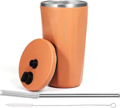 Immagine prodotto di Tazza da viaggio termica in acciaio inossidabile, 600 ml, con cannuccia, tazza da tè, tazza da viaggio, a doppia parete, isolata, a tenuta stagna, tazza da viaggio per gli spostamenti, arancione