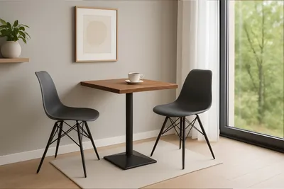 Produktbild von Tischgruppe 3tlg. Bistrotisch 60 x 60 cm Baumkante massiv Akazie nussbaum Säulengestell schwarz INES