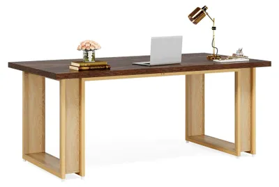 Produktbild von Schreibtisch 160cm für Büro, hölzerner einfacher Bürotisch große Computertische rustikaler brauner Schreibtisch Business-Arbeitsplatz mit Kufengestell Stabiler Metallrahmen