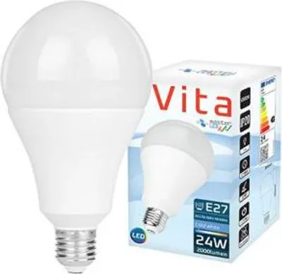 A product image showing a large LED light bulb next to its packaging box. The box displays product information and branding.