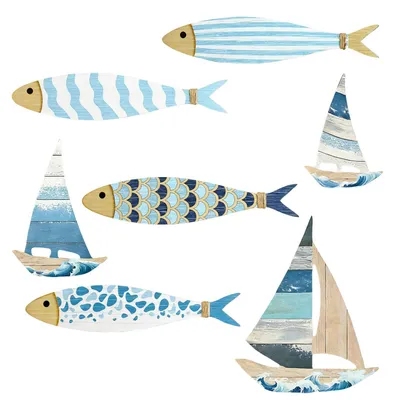 Maritimes Holz-Deko-Set: 4 Fische & 3 Segelboote, 25 cm