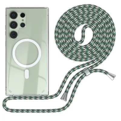 Produktbild von EAZY CASE - Handykette kompatibel mit Samsung Galaxy S24 Ultra Kette zum Umhängen Stoßfest Handyhülle für Galaxy S24 Ultra Silikon Hülle mit Band Transparent Hell Grün Camouflage - Clips Silber