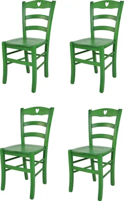 Four green wooden chairs are arranged in a grid on a white background.