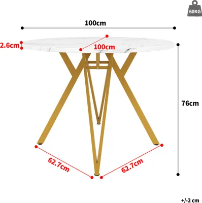Image de Sweiko Ensemble de table de salle à manger (5 pièces), Ensemble de table de salle à manger avec 4 chaises, Ensemble de table de cuisine moderne, Table de cuisine ronde de 100 cm de diamètre avec pieds en métal doré, plateau en marbre MDF, chaises de salle à manger en gris