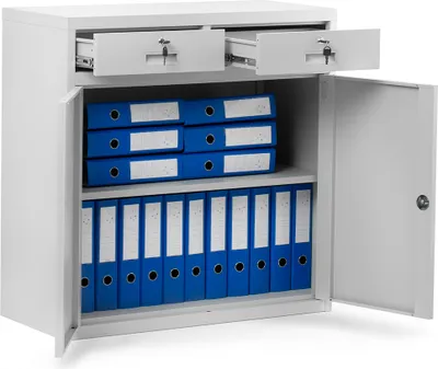 A white metal filing cabinet with its doors open, showing two drawers at the top and shelves filled with blue binders below.
