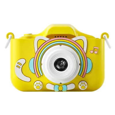 Image de Caméra pour enfants ZELURXX, design de chat de dessin animé, double caméra, écran IPS de protection des yeux, vidéo 1080P, jeux de musique, autocollants créatifs, jaune