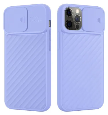Two views of a purple phone case with a camera cover.
