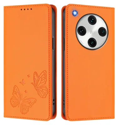 Produktbild von Lederhülle für Oppo Find X8 Pro, Schmetterling Prägung Leder Brieftasche Schutzhülle mit Ständer Orange